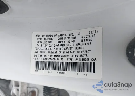 2015 Honda Accord Ex-L V-6 z USA, uszkodzony, nr VIN 1HGCR3F86FA034577